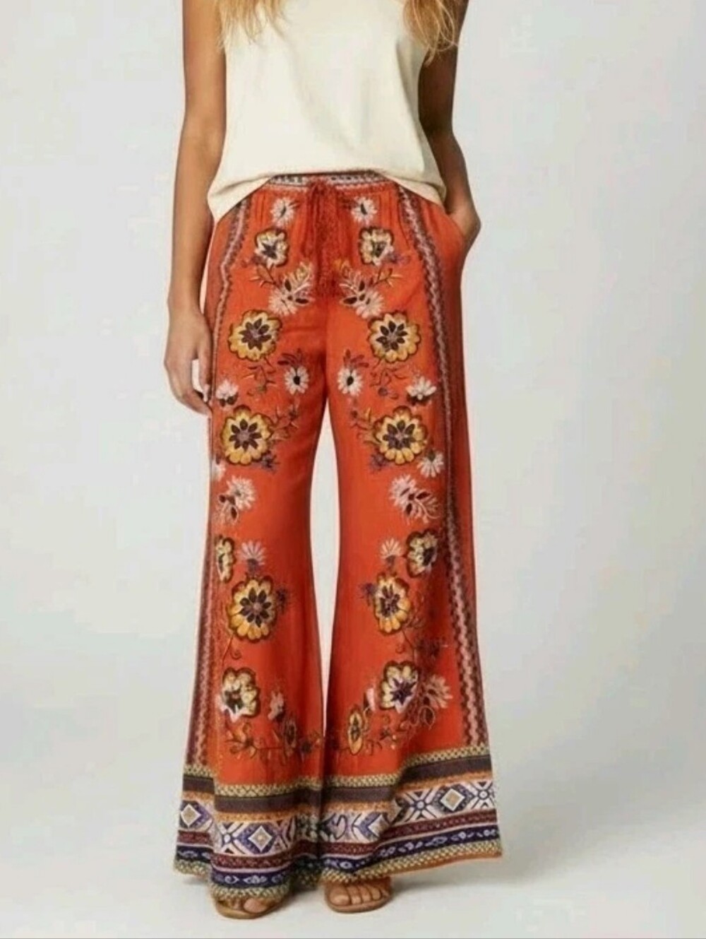 Flying Tomato Wide Leg Palazzo Pants Women XS Red Multi Boho Floral Festival